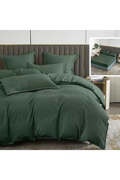 Pucioasa Baroque nature double bed linen with elastic, 6 pieces, polycotton, Green