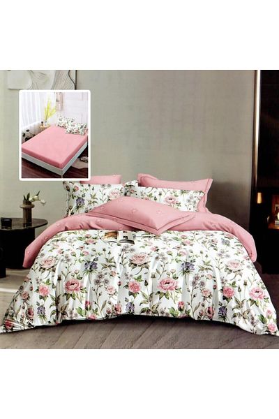 Pucioasa Lenjerie de pat din finet cu elastic, 6 piese, florala roz