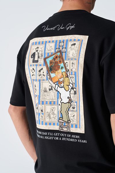 fame-stoned Μπλουζάκι με στάμπα Vincent Van Gogh, Κεντημένο Unisex 100% βαμβακερό μαύρο