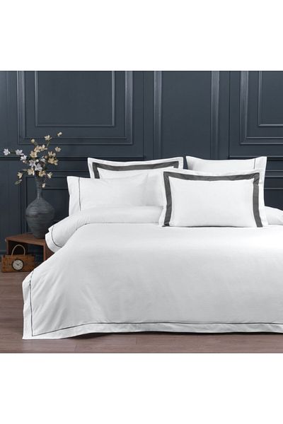 LAROMANO Lenjerie de pat King din bumbac egiptean cu broderie, Silk Satin, Perry Steel Grey ( alb-gri )