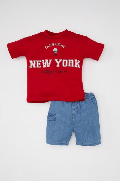 DeFacto Baby Boy 2 Piece Set Crew Neck Printed Short Sleeve T-Shirt Jean Shorts C6216A524Sm