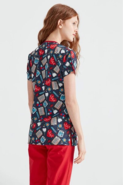 Moodamedikal Koyu Reçete Desenli Likralı Kumaş Cerrahi Tek Üst V Yaka Forma