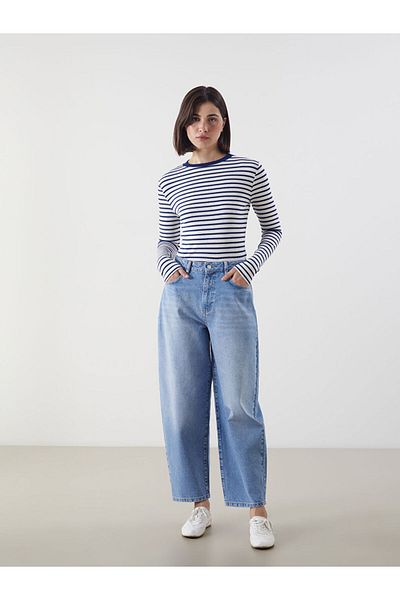 LC Waikiki Lcw Modest Navy Blue Crew Neck Striped Women's Bodysuit