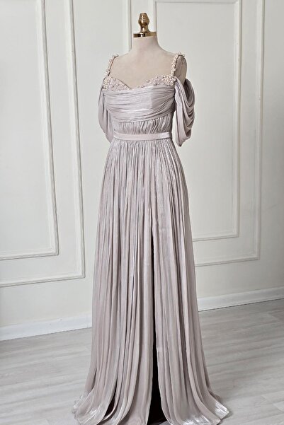 Yonca Moda Evi Vizon İncili Drapeli Abiye 8380