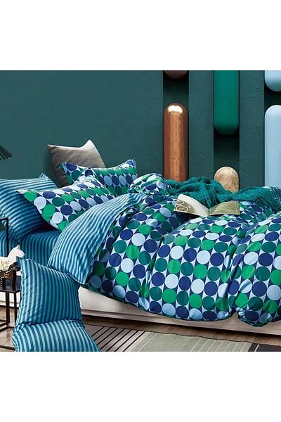 Pucioasa Double percale bed linen, 100% cotton, blue and green circles
