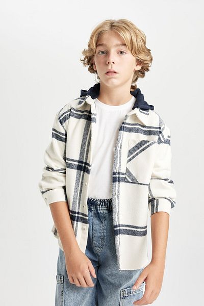 DeFacto Boy Oversize Wide Fit Checkered Hooded Flannel Long Sleeve Shirt C7519A824Wn