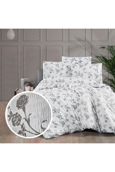 Pucioasa Double crepe bed linen with elastic for mattress 180x200cm, 100% cotton, white with gray flowers