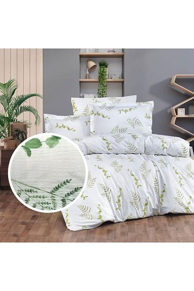 Pucioasa Crepe linen for double bed, fitted sheet 160x200cm, 100% cotton, white with green leaves