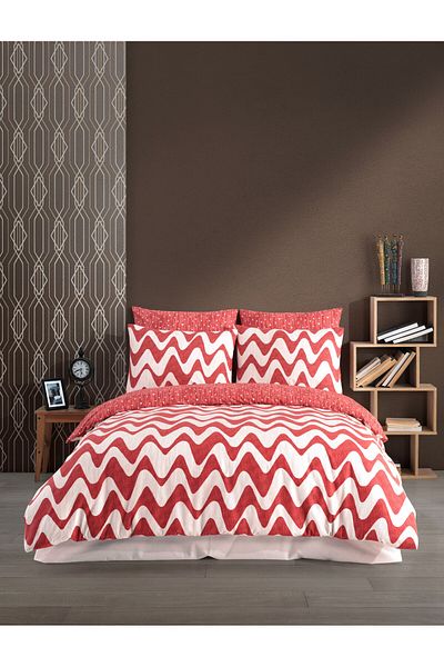 Bahar Majoli Home Double Bedding Set Majoli Bahar 100% Ranforce Cotton 144TC 4 Pieces Duvet Cover 200x220 cm Waves Red