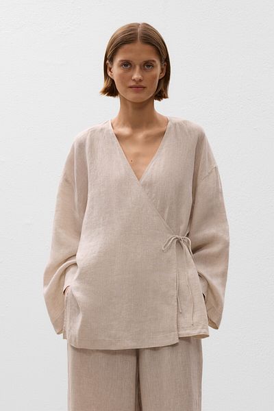 Oysho 100% linen kimono shirt with tie