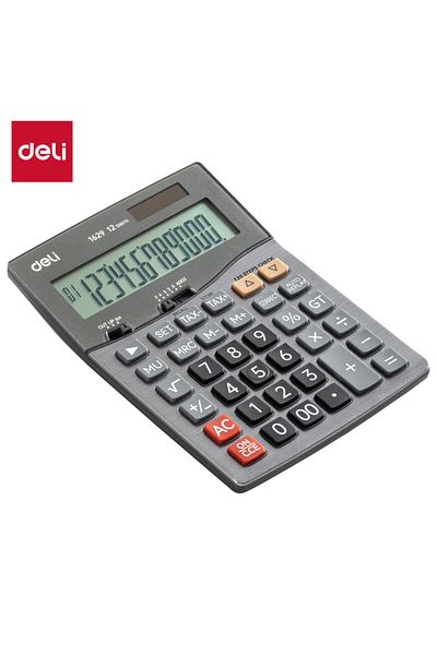 Deli E1629 12-Digit Metal Calculator - Dual Power, 120-Step Check, Dark Grey