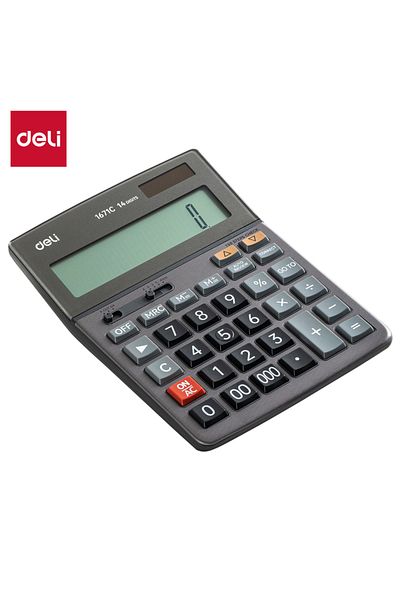 Deli Deli E1671C 14-Digit Metal Calculator - Dual Power, 150-Step Check, 3-Year Warranty, Dark Grey