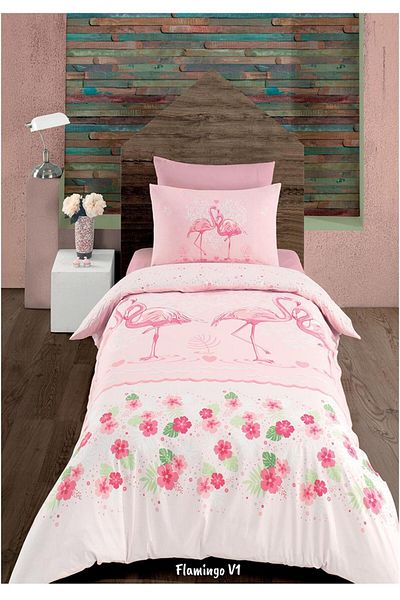 Bahar Majoli Home Lenjerie de pat pentru copii Majoli Bahar 100% bumbac Ranforce 144 TC pentru 1 persoana 3 bucati Flamingo