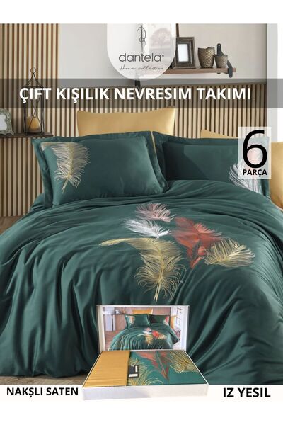 Dantela Iz yesil Nakışlı Pamuk Saten Nevresim Takımı 6 parca