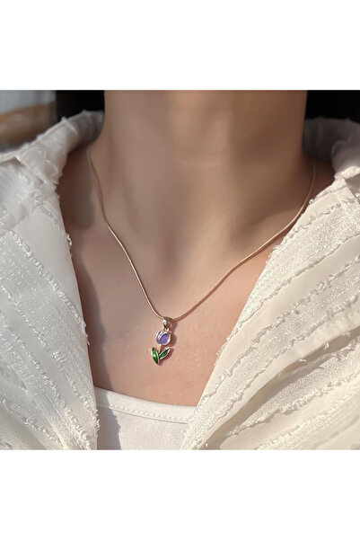 Choice قلادة أوبيجا AXL40109B على شكل زهرة أرجوانية وأوراق خضراء للنساء، قلاد...