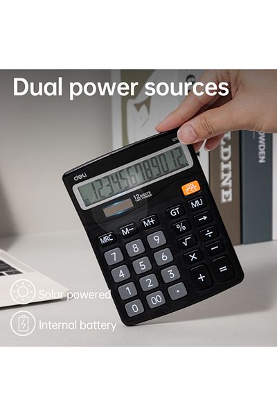 Deli E1210 Calculator - Plastic, 12 Digits, Black, Dual Power