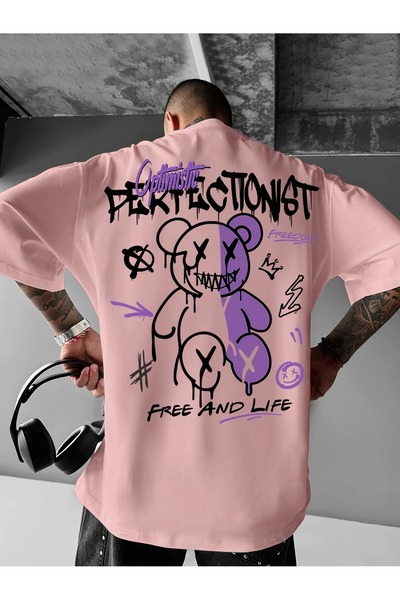 LOTS MODA Ανδρικό γραφικό μπλουζάκι "Perfectionist" - Ροζ, Χαλαρή εφαρμογή, S...
