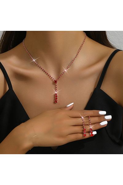 Choice 808098-Red 3PC Women's Trendy Copper Claw Chain Series Minimalist Necklace Earrings Jewelry Set Wedd