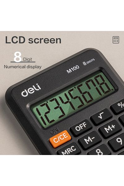 Deli EM100 Portable Calculator - Plastic, 8 Digits, Black