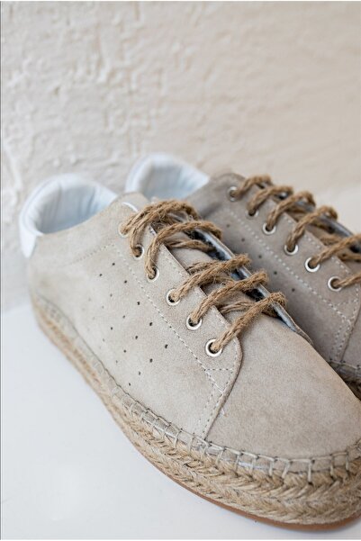 carweza Larissa Beige Genuine Leather Suede Straw Sole Women's Espadrille