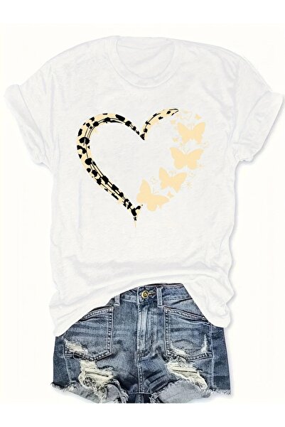 AZIZI TEKSTIL Heart Printed Crew Neck T-Shirt, Short Sleeve Casual Top for Su...