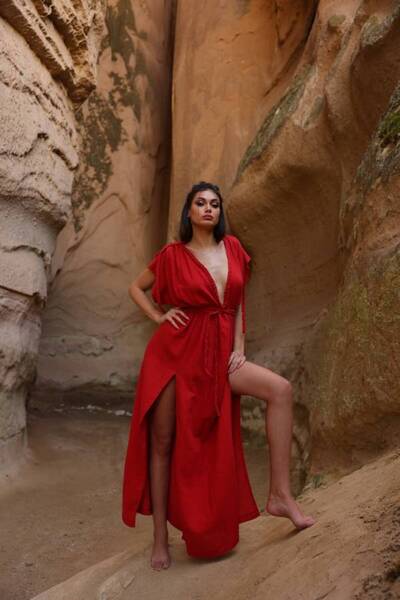 KLEA OFFICIAL GLORIA ELBİSE-MÜSLİN V YAKA YIRTMAÇLI ELBİSE