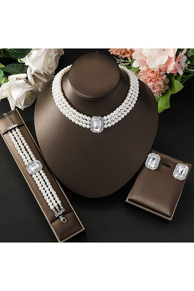 Choice 808433-White 4PC Women's Fashion Light Luxury Short Style Imitation Pearl Turquoise Necklace Earring