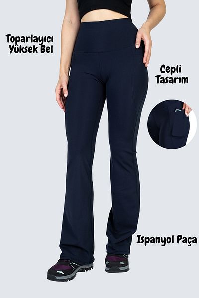 The Step Sports High Waist Navy Blue Gathering Spanish Leg Pocket Sports Leggings Trousers