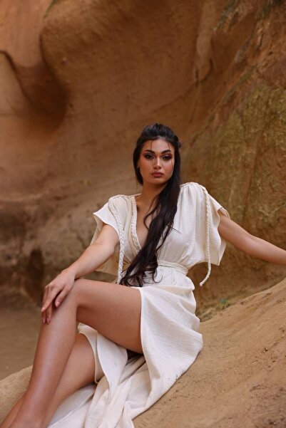 KLEA OFFICIAL GLORIA ELBİSE-MÜSLİN V YAKA YIRTMAÇLI ELBİSE