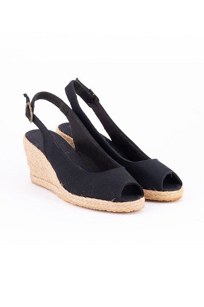 Star Tombis Espadrile din paie de in negru - Toc pană, lucrată manual, cu vârf deschis și curea din spate