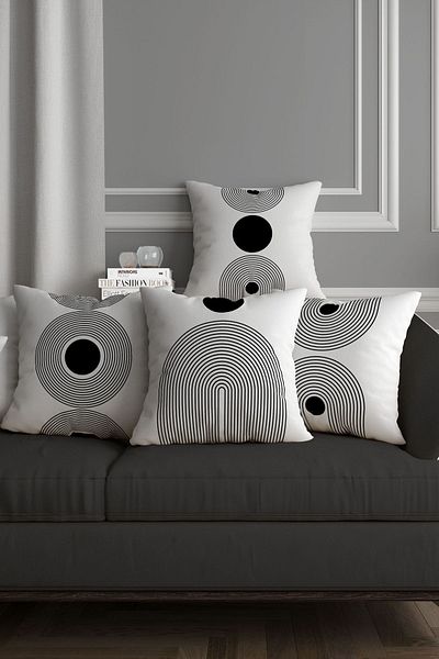 Hayal Dekoratif Modern Set of 4 Decorative Throw Pillow Cases with White Background and Black Pattern