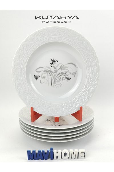 MAViHOME 22 cm Dinner Plate with Floral Edge and Patterned Inside, Pack of 6