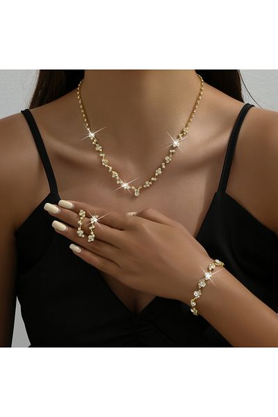 Choice 80808602-Golden 4-piece women's flower necklace with earrings and bracelet set, wedding party access