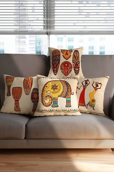 Hayal Dekoratif African Themed Red Yellow Colored Gift Set of 4 Digital Printed Sofa Cushion Covers