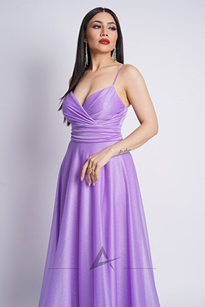 Alonclia Kruvaze Yaka Spagetti Askılı Simli Abiye (AL-25001)