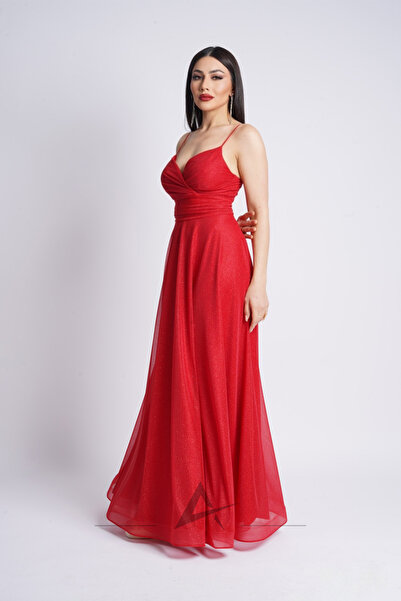 Alonclia Kruvaze Yaka Spagetti Askılı Simli Abiye (AL-25001)