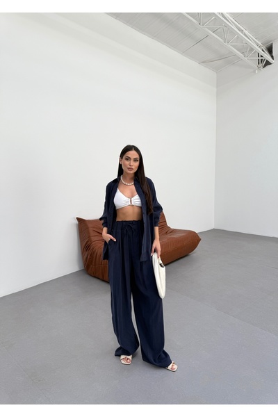 ENZOI طقم بنطلون قميص منسوج ناعم بخصر مطاطي باللون الأزرق الداكن