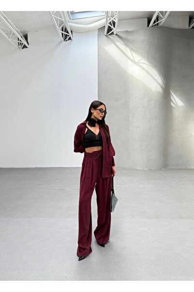 ENZOI طقم بنطلون قميص منسوج ناعم بخصر مطاطي باللون العنابي