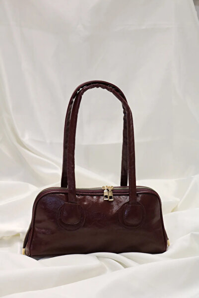 ÇANTA Bordo Uzun Saplı Baget Parlak Kayık Kadın Çanta Vintage El ve Omuz Kadı...