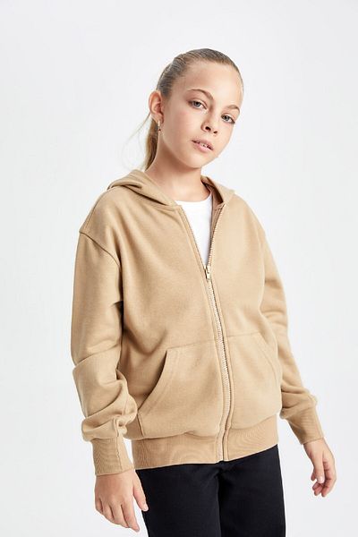 DeFacto Girl's Basic Plain Hooded Zippered School Cardigan C8110A824Au