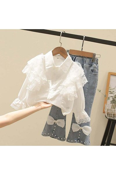 nannie White Outfit For Girls With Bows Ema - 4-5 Years