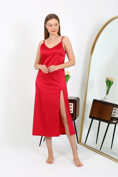 Mestore Fashion Stripe Slit Long Satin Nightgown Red 7410