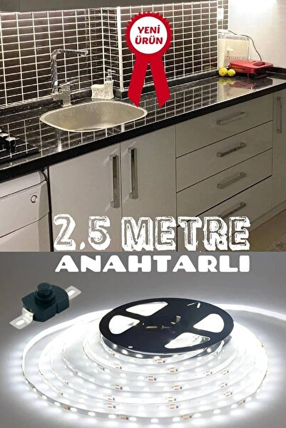 Sanctum Mutfak Dolabı Tezgah Üstü Için 2,5 Metre Beyaz Şerit Led Işık Adaptörlü Anahtarlı Tak Çalıştır