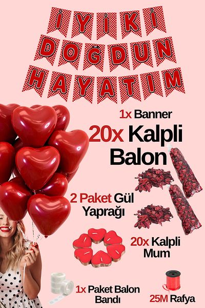 Baloncu Dede 20 Red Heart Balloons 20 Candle Roses Happy Birthday My Life Written Banner Helium Compatible Valentine's Day