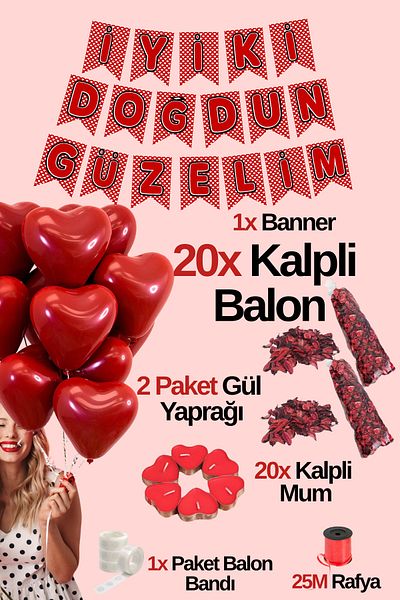 Baloncu Dede 20 Red Heart Balloons 20 Candles Rose Happy Birthday My Pretty Written Banner Helium Compatible Valentine's Day