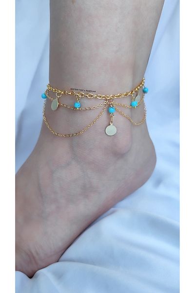 MYSTERY TAKI AKSESUAR Blue Glass Bead Sequin Gold Chain Anklet