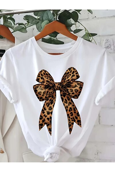 LAND MODA Tricou roșu cu imprimeu leopard și fundă pentru femei - mânecă scur...