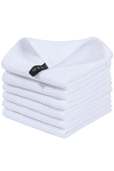 Choice منشفة مطبخ بيضاء 6 قطع مصنوعة من القطن بنسبة 100%، منسوجة على شكل وافل، ناعمة للغاية، سريعة الجفاف