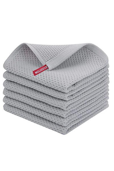 Choice 6 قطع مناشف مطبخ رمادية فاتحة مصنوعة من القطن بنسبة 100%، منسوجة على شكل وافل، ناعمة للغاية، سريعة الجفاف