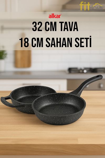 FİTHOME 32 cm Granite Pan and 18 cm Granite Pan Set - Non-Stick, Healthy and Durable Kitchenware
